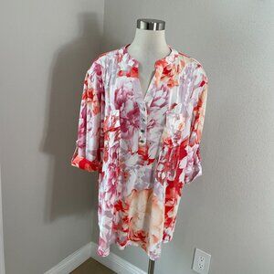 Cocomo Woman Plus 3X Floral Button Henley Tunic Top Pink Red Stretch Blouse